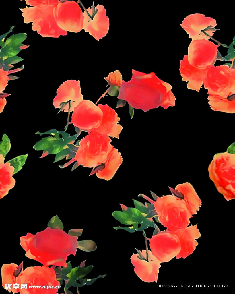 红色花卉黑色背景图案