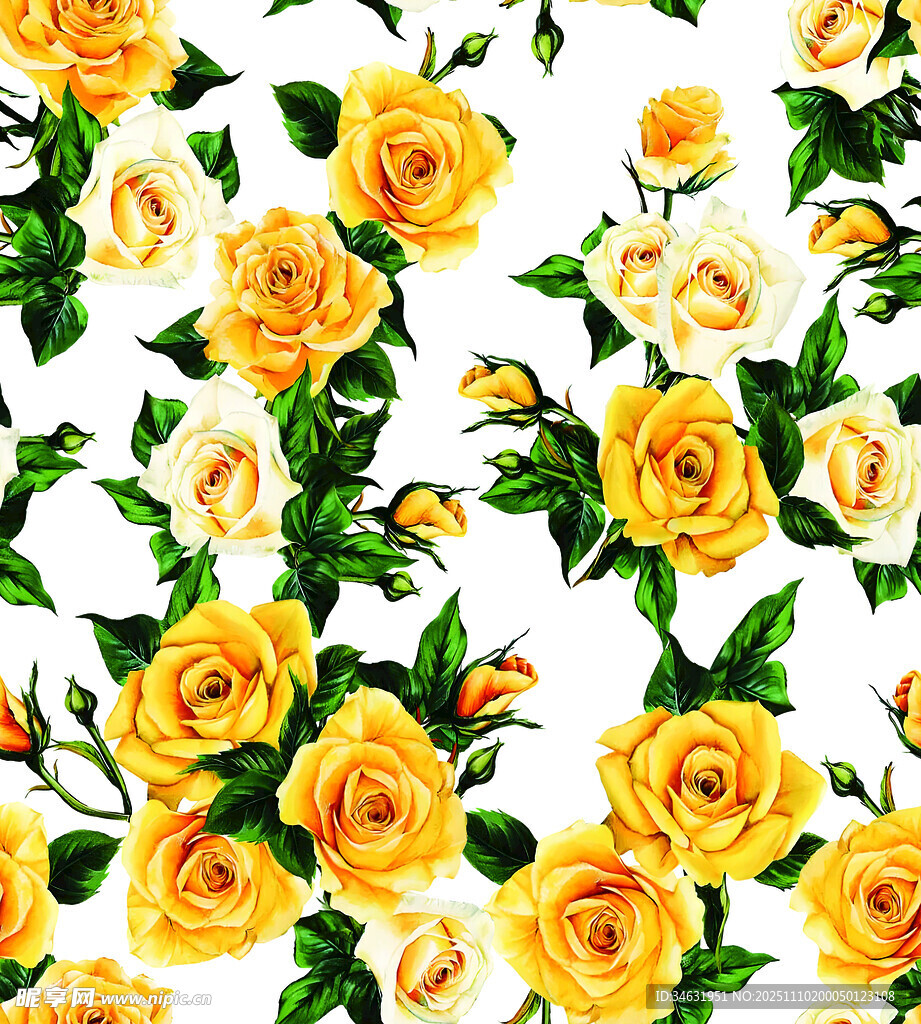黄玫瑰花卉无缝图案背景