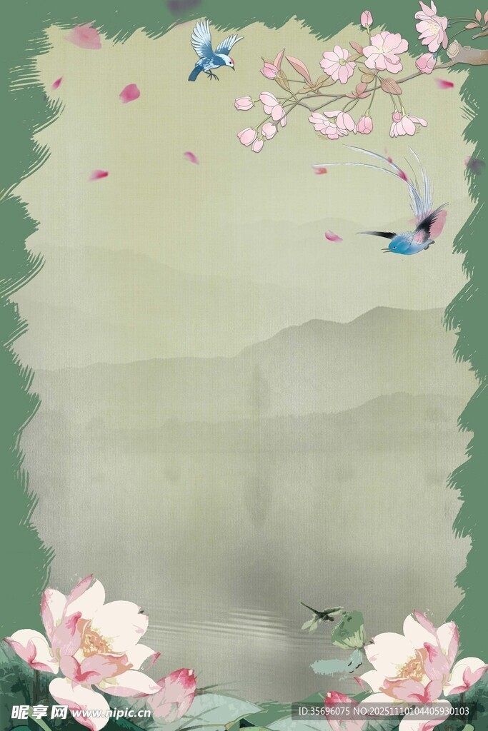 中式花鸟山水诗意背景图