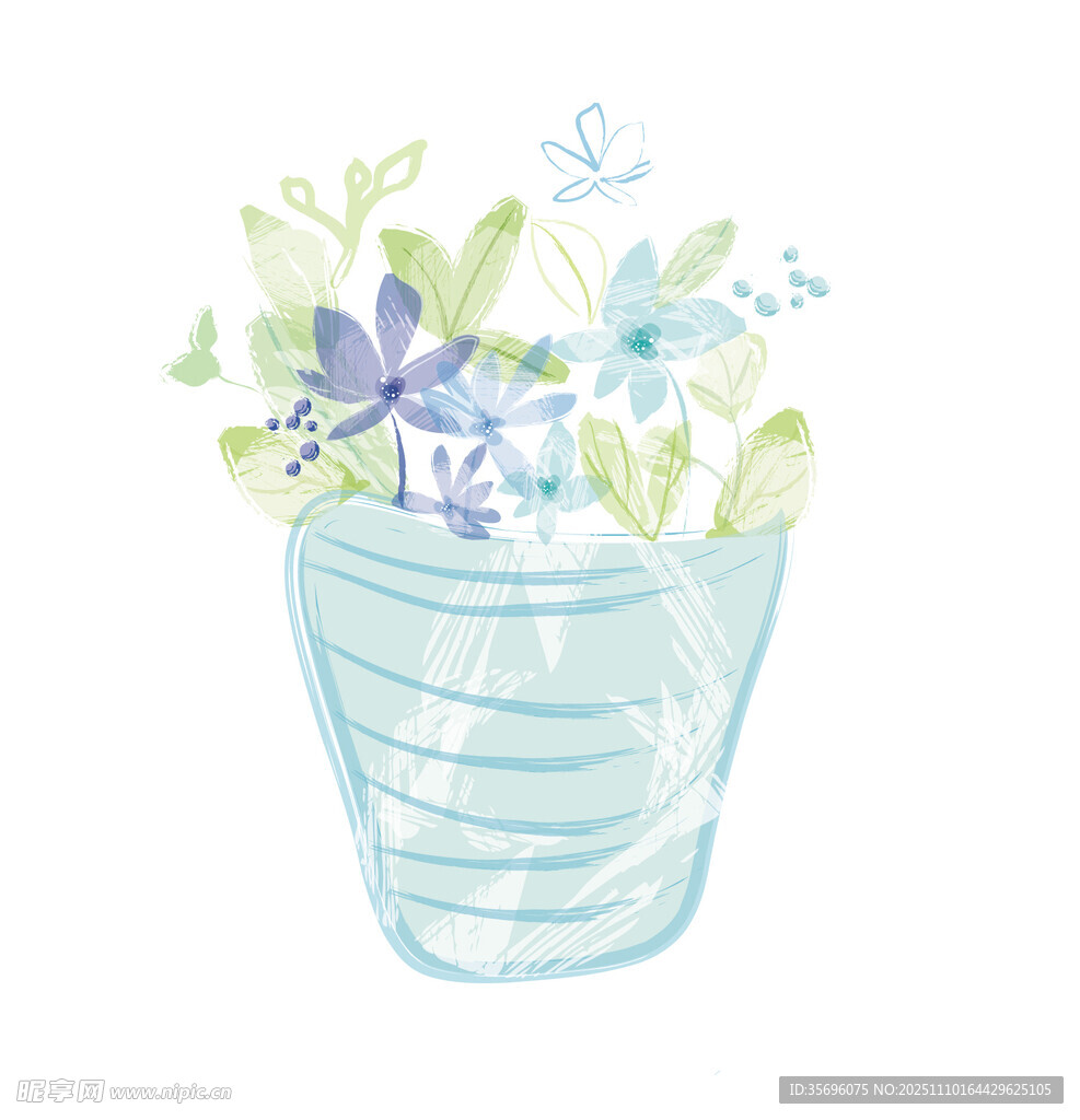 手绘蓝花瓶中的清新花卉