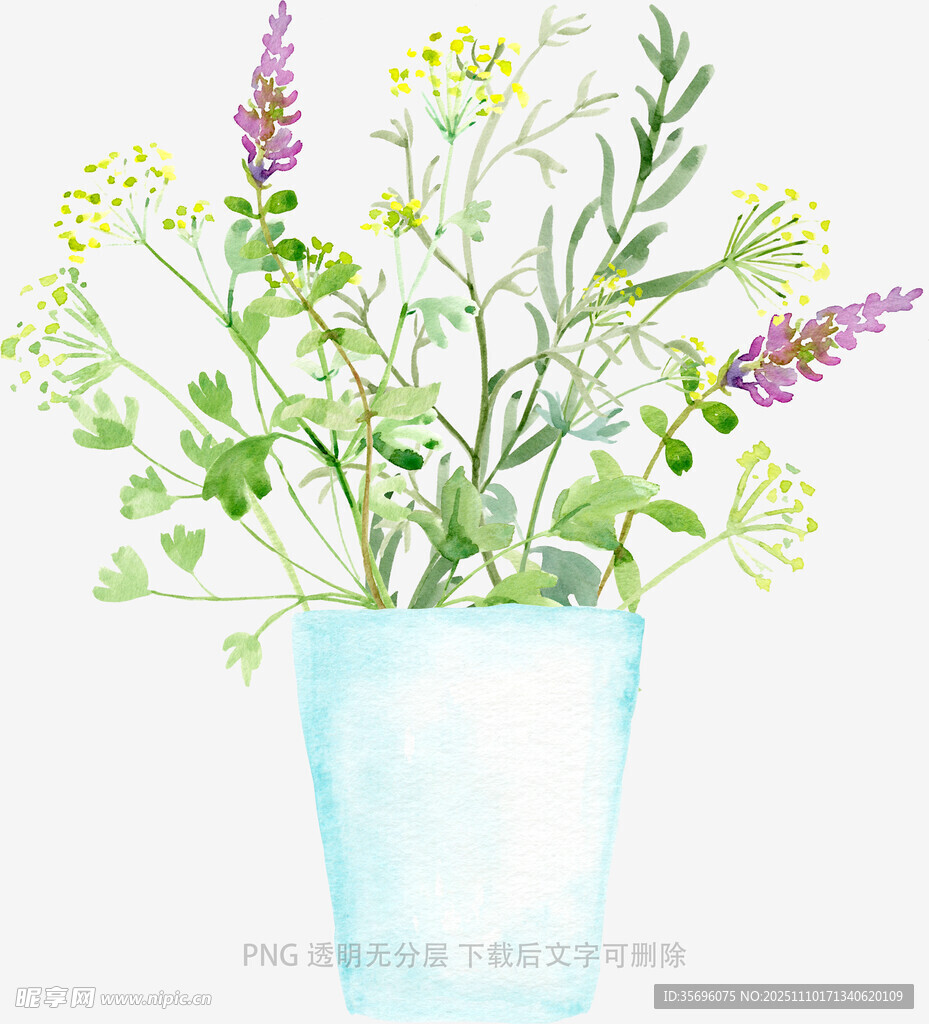 蓝色花瓶中的清新花草