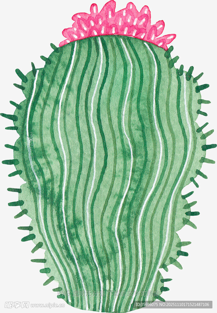 手绘粉色顶部的绿色仙人掌