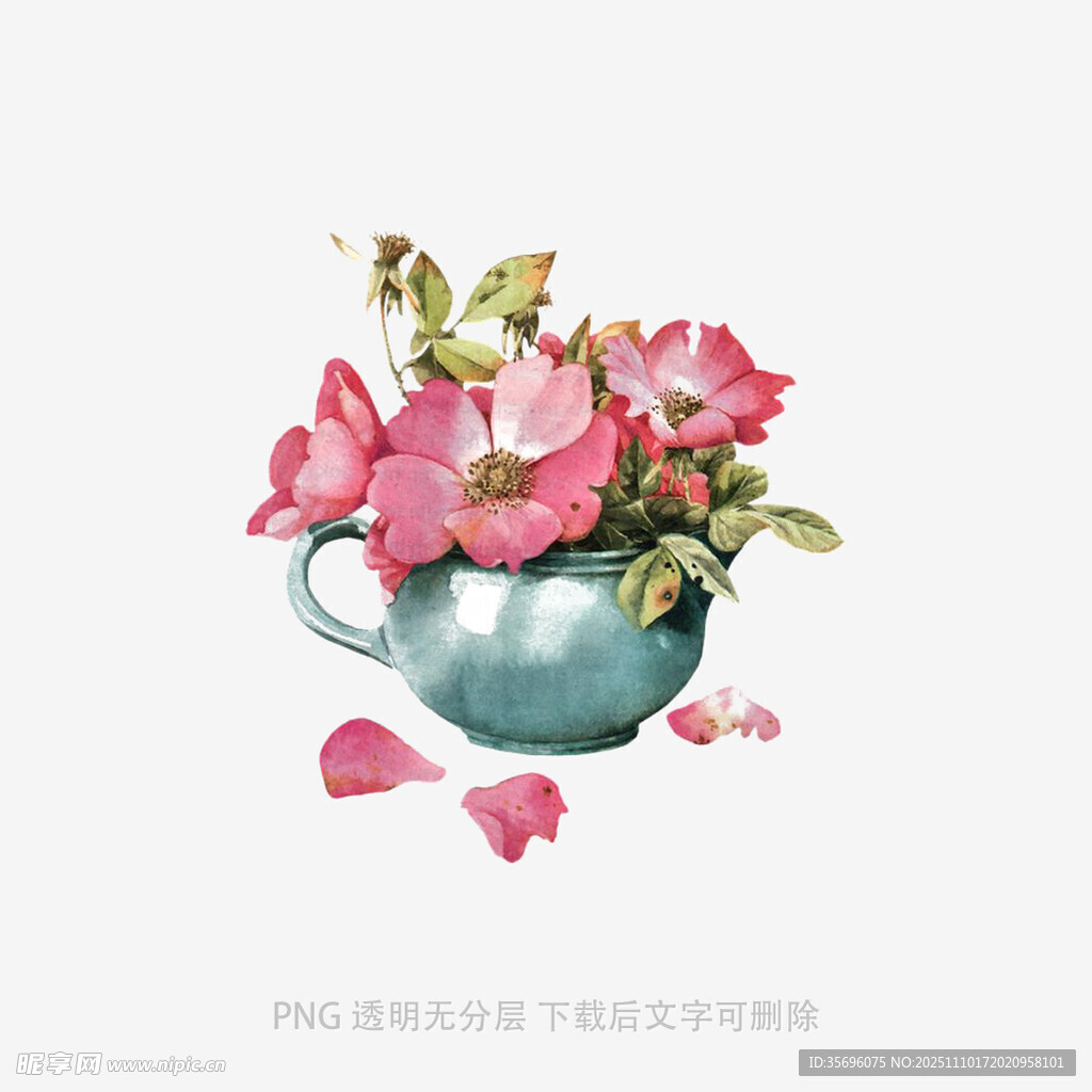 蓝色茶壶中的娇艳花朵