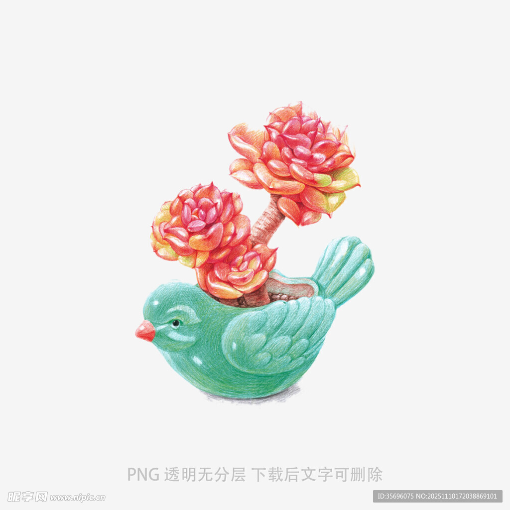 绿鸟驮双花陶瓷摆件