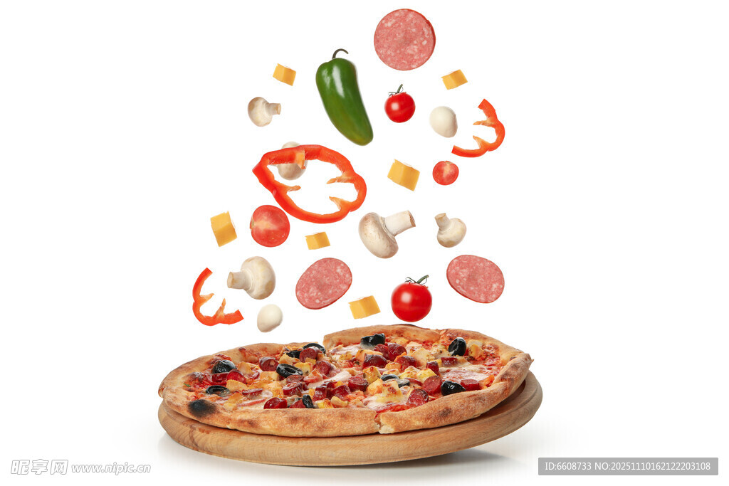 飞舞食材环绕的美味披萨