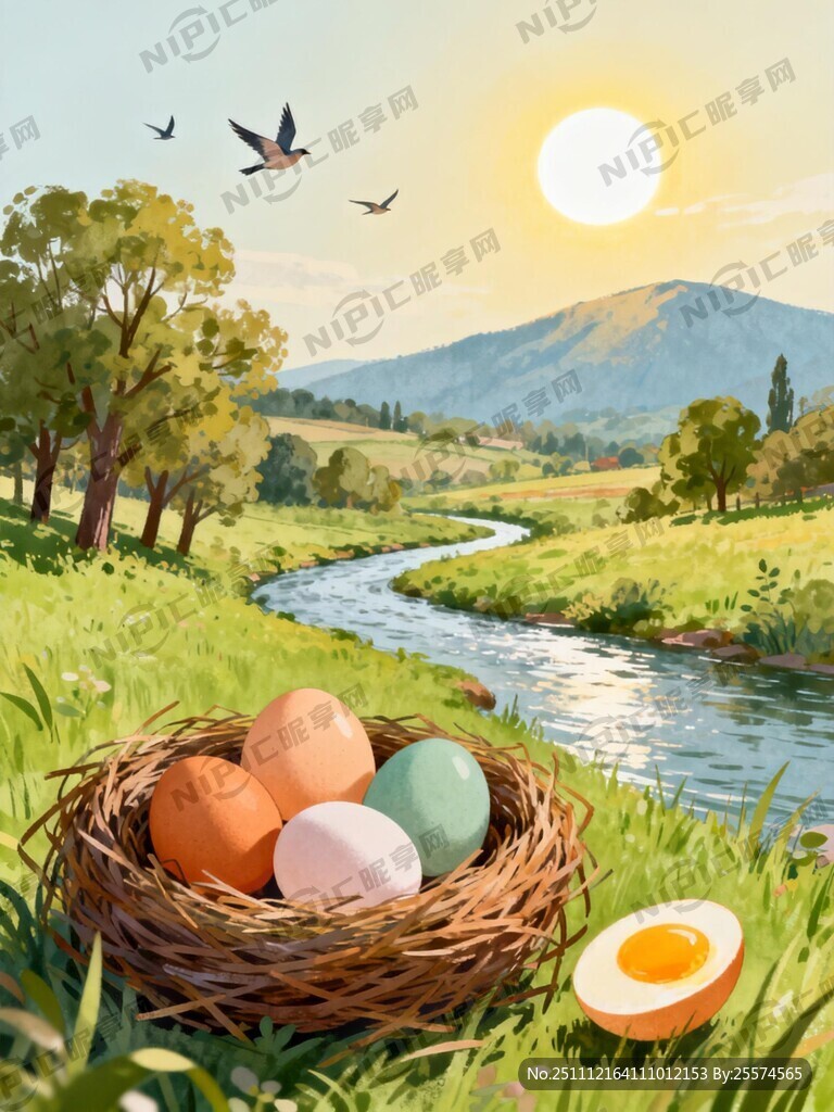 田园风插画 鸡蛋 鸟巢 草地