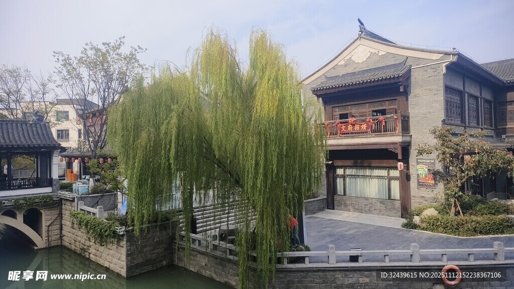 江南水乡古宅旁垂柳依依