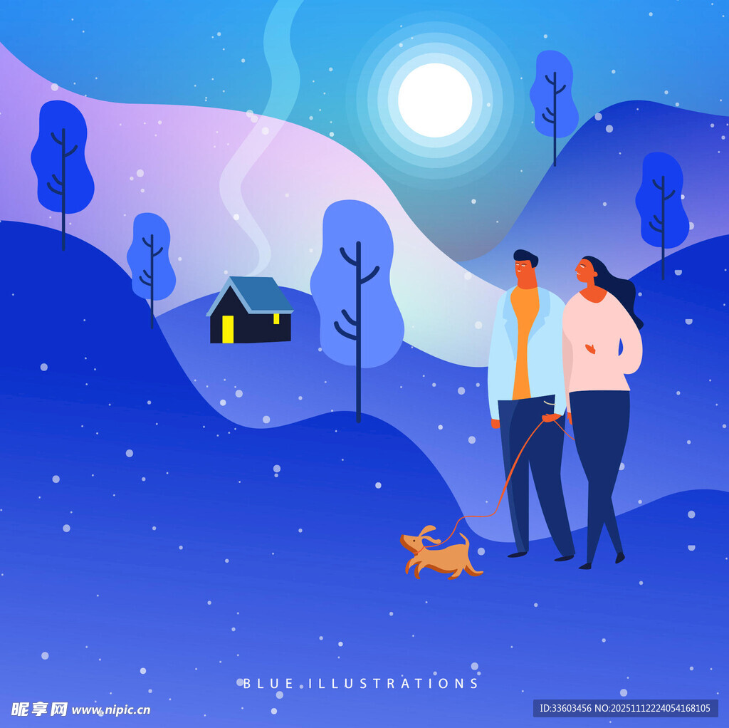 雪夜情侣遛狗温馨场景