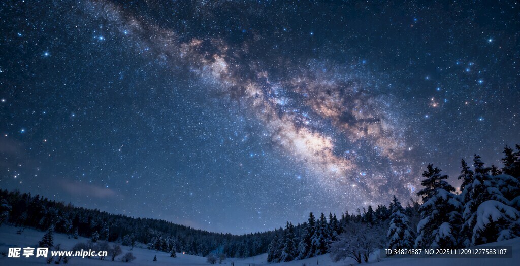 雪夜星空下的静谧山林