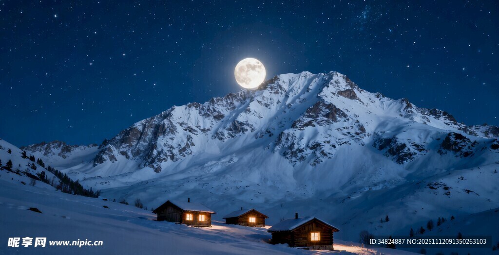 雪山月夜下的温馨小屋