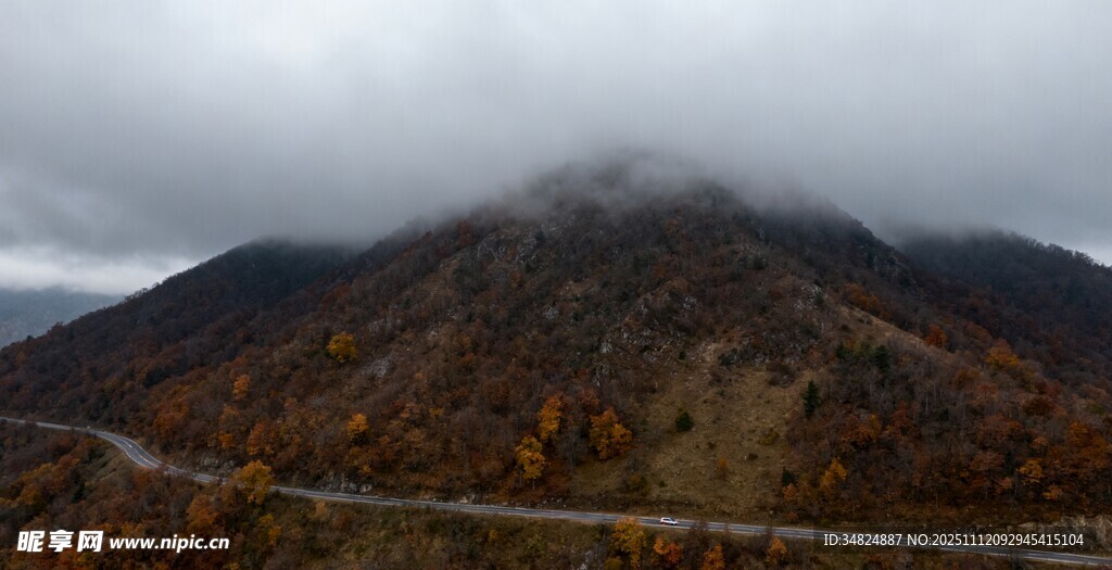 秋雾中的蜿蜒山间公路