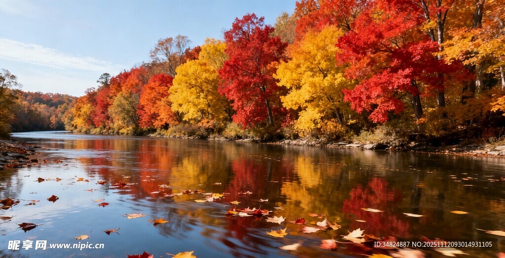 秋日湖畔绚烂多彩的景致