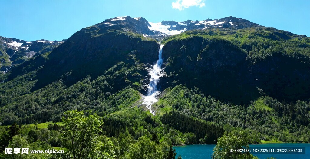 高山瀑布下的翠绿山水景