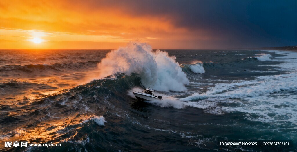 夕阳下的汹涌海浪