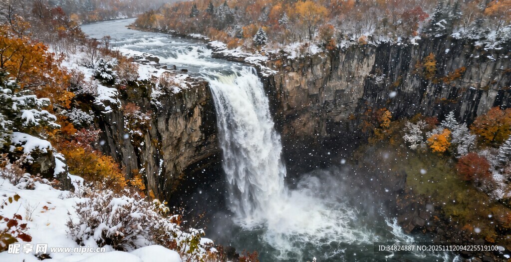冬日瀑布雪景壮丽景观