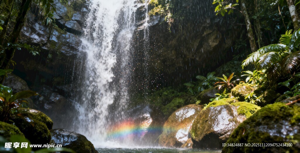 雨林中瀑布下的美丽彩虹