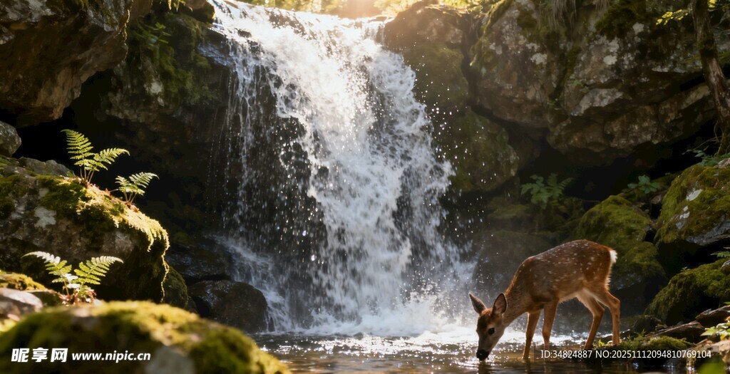 山林间小鹿伴瀑布美景