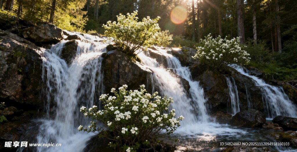 山间瀑布与烂漫花丛