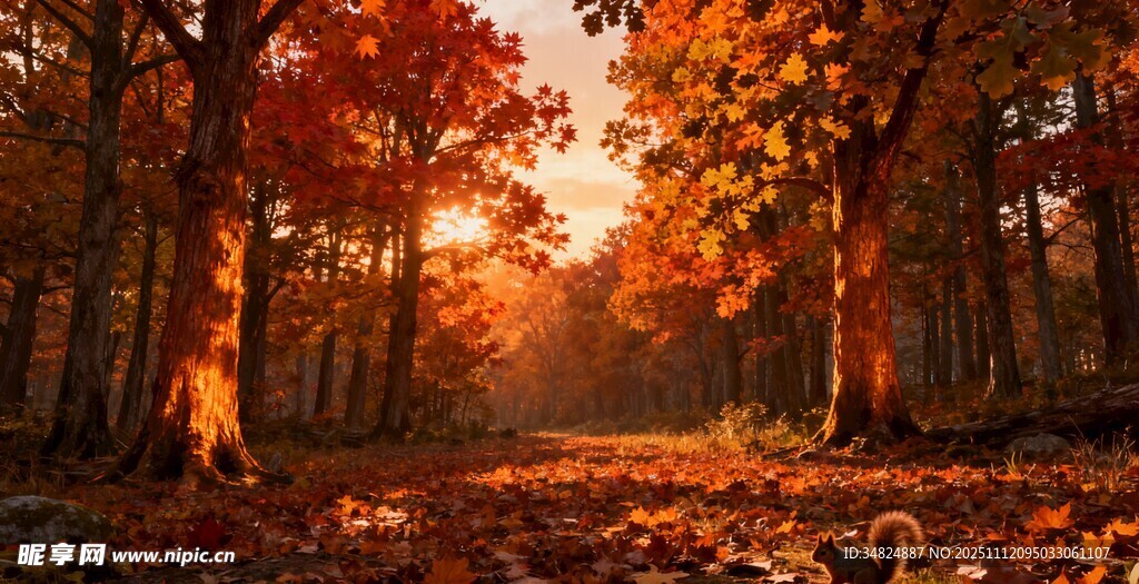 秋日林间的温暖光影