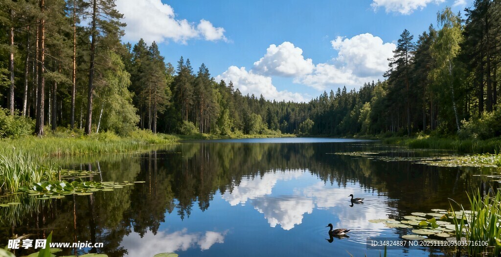 宁静湖畔森林倒影美景