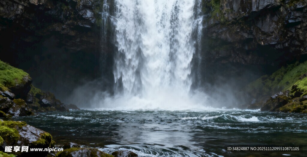 壮观瀑布倾泻于山水间