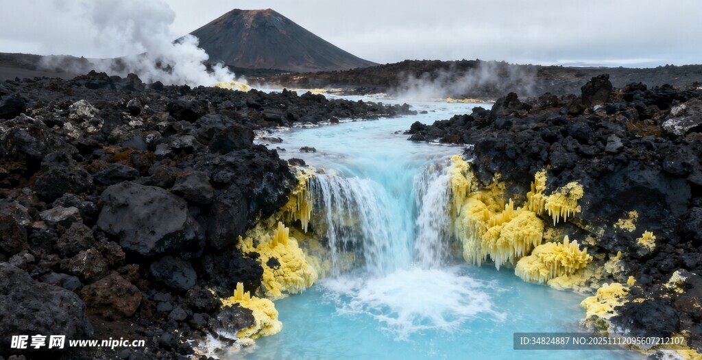 冰岛蓝绿色溪流与火山景观
