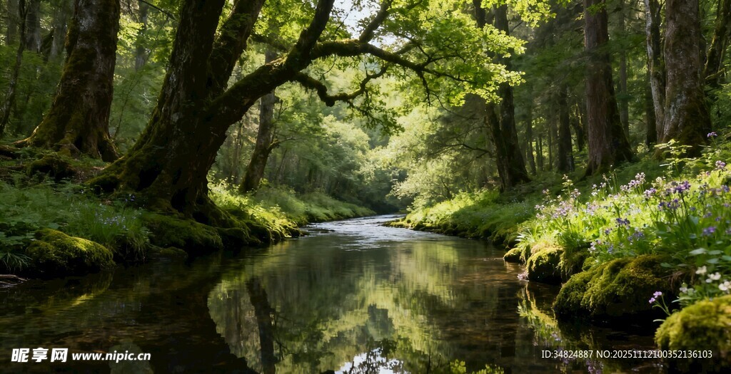 林间溪流阳光洒落美景