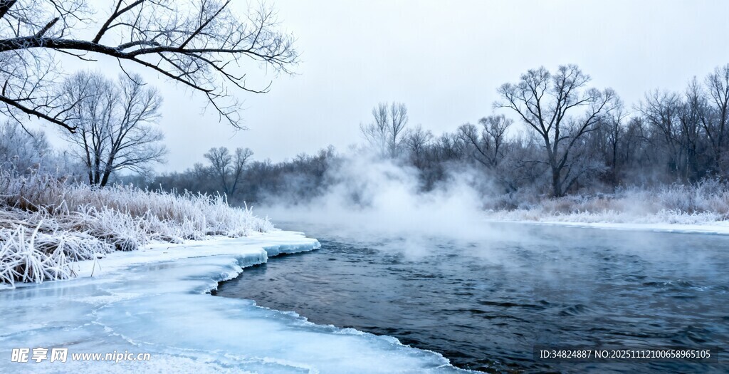 冬日河畔冰雪雾凇美景