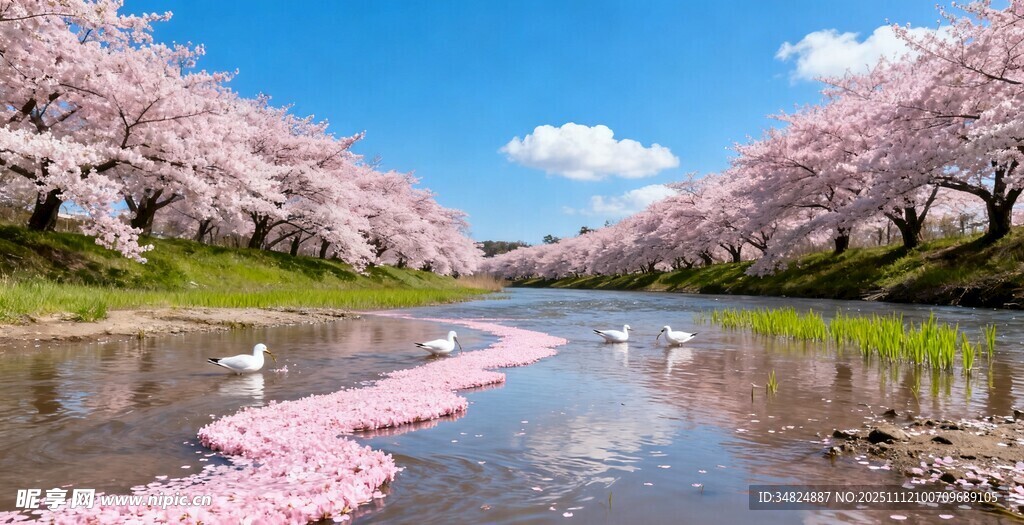 河畔烂漫樱花美景