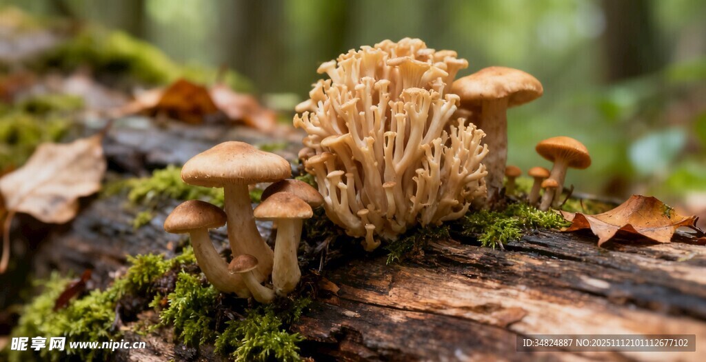 森林中生长的奇特珊瑚状蘑菇