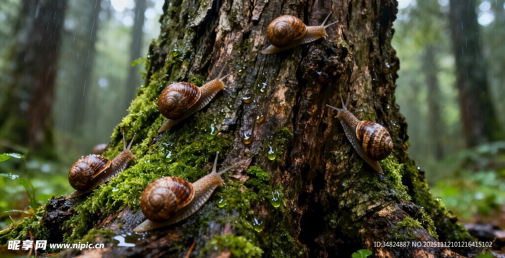 森林中长满苔藓的树桩与蜗牛