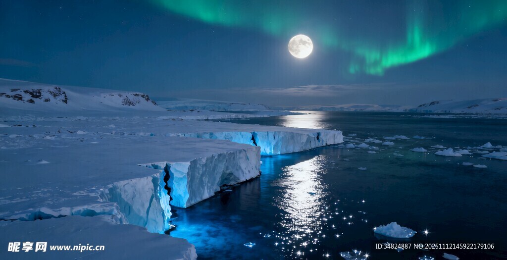 极地月夜下的极光与冰川