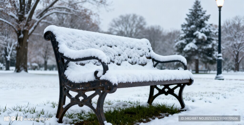 雪覆长椅的静谧冬日景象