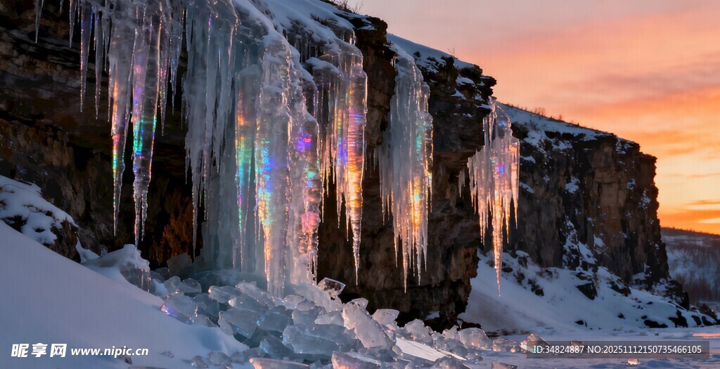 冬日冰瀑绚丽夕阳美景