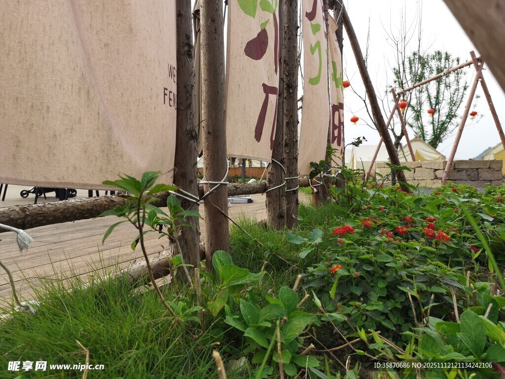 墙边绿植与木杆景致