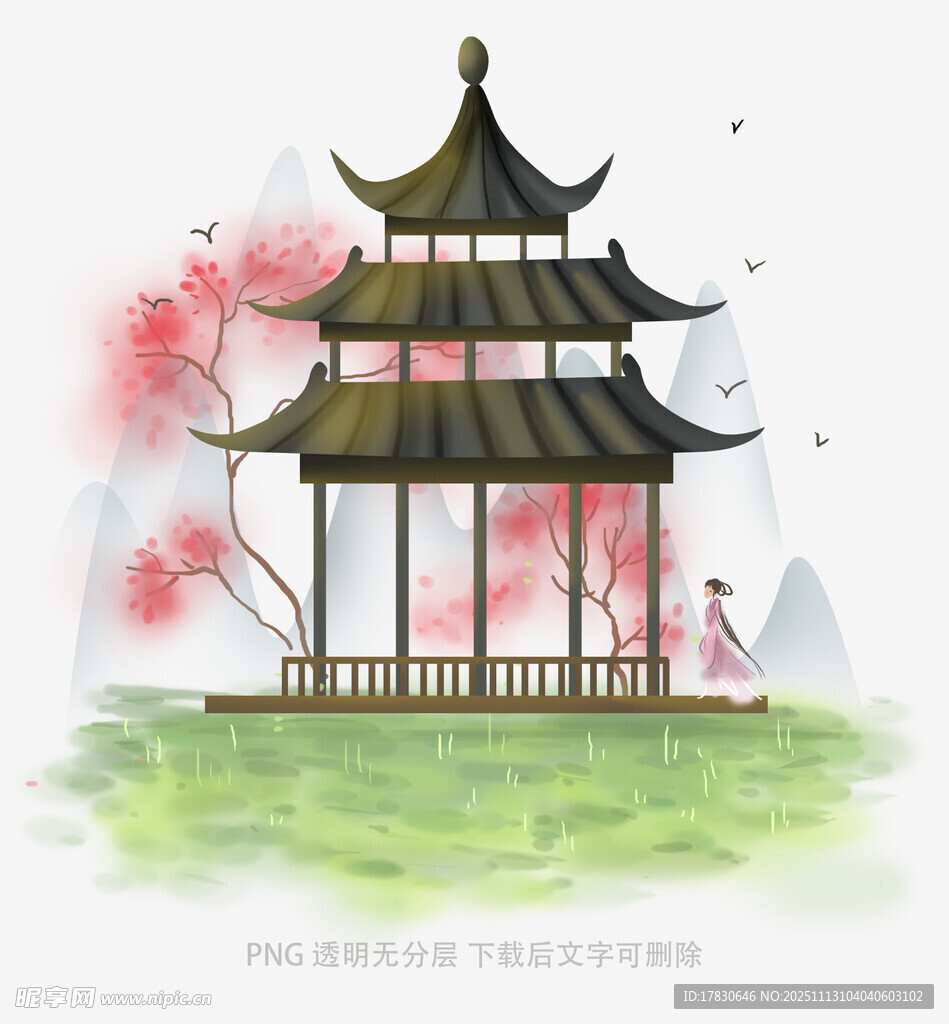 古风亭阁樱花相伴美景