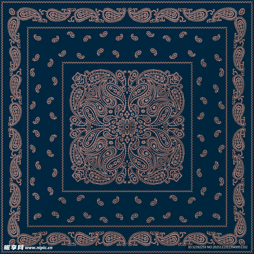 复古花纹蓝色方形丝巾图案