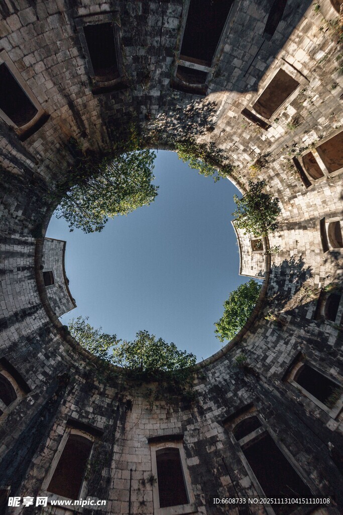 废弃建筑内仰望蓝天绿树