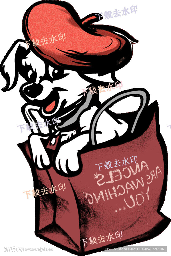 小狗戴帽坐购物袋