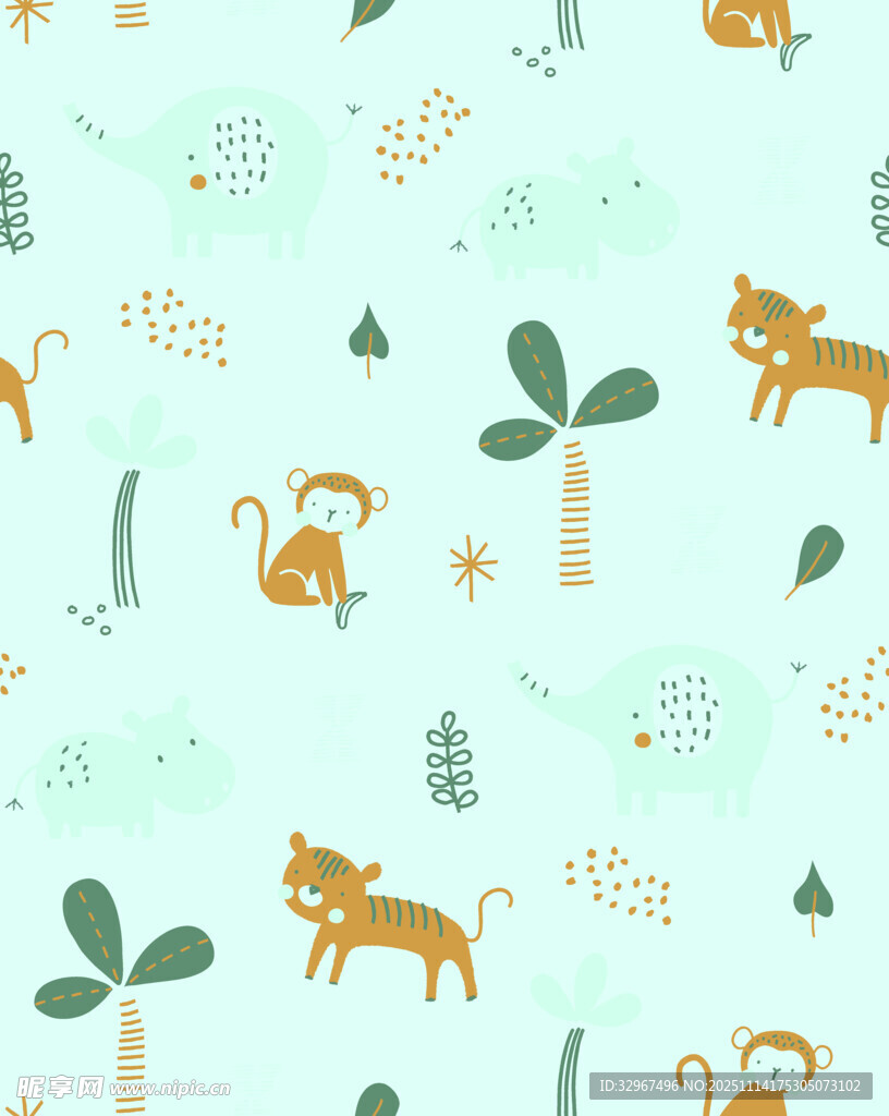 清新 动物 植物 无缝图案