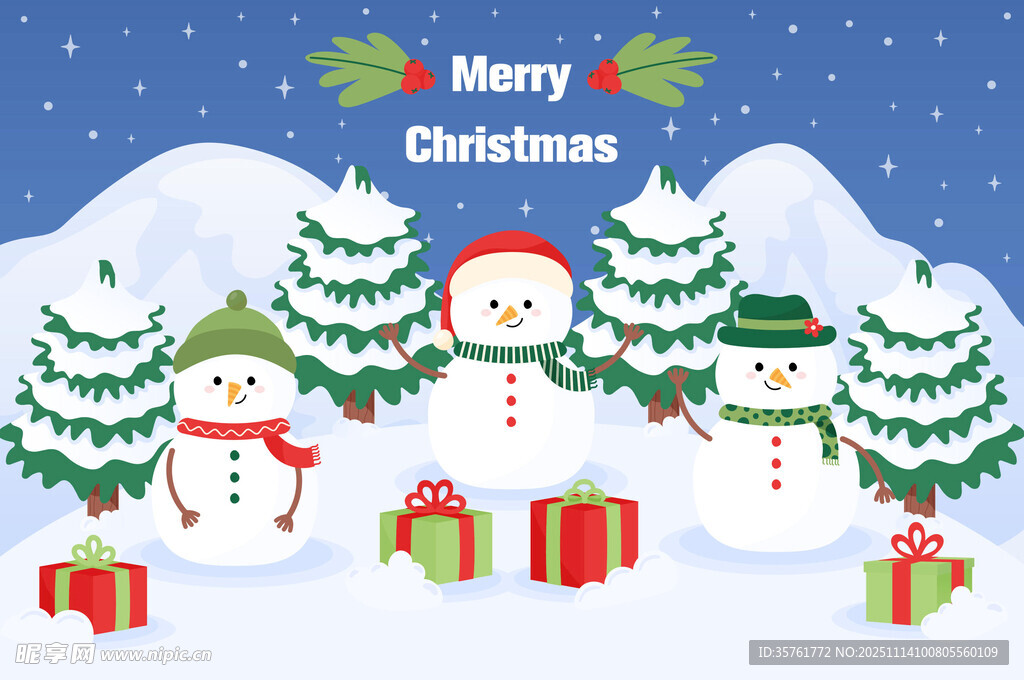 圣诞雪景中的雪人礼物