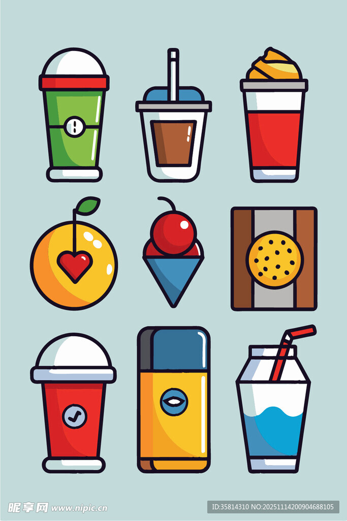 多彩饮品与甜点图标集