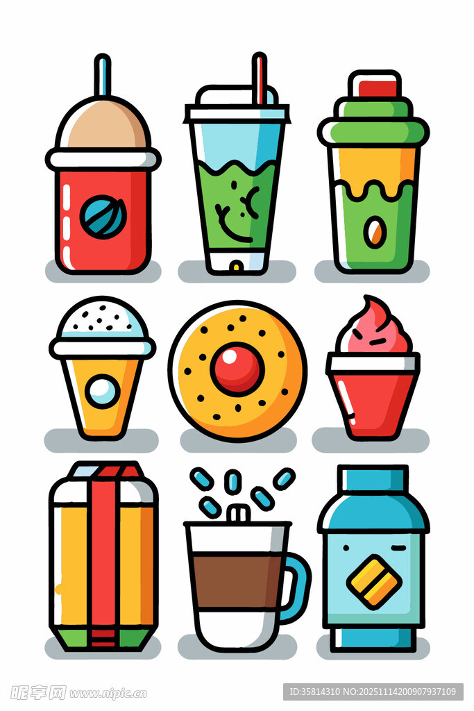 多彩饮品与甜点图标集