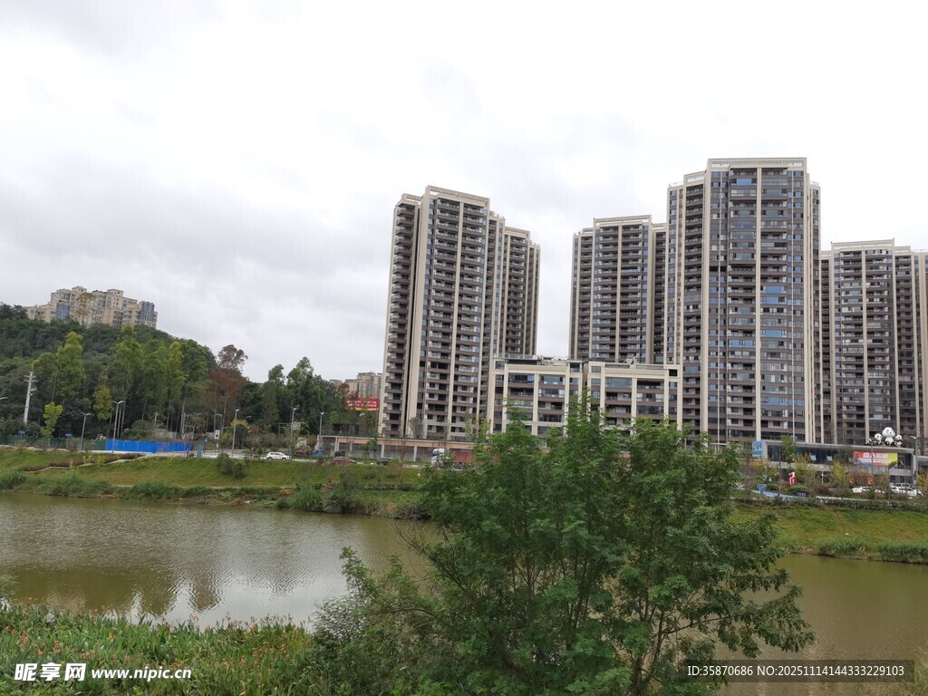 河畔高楼林立的城市景观