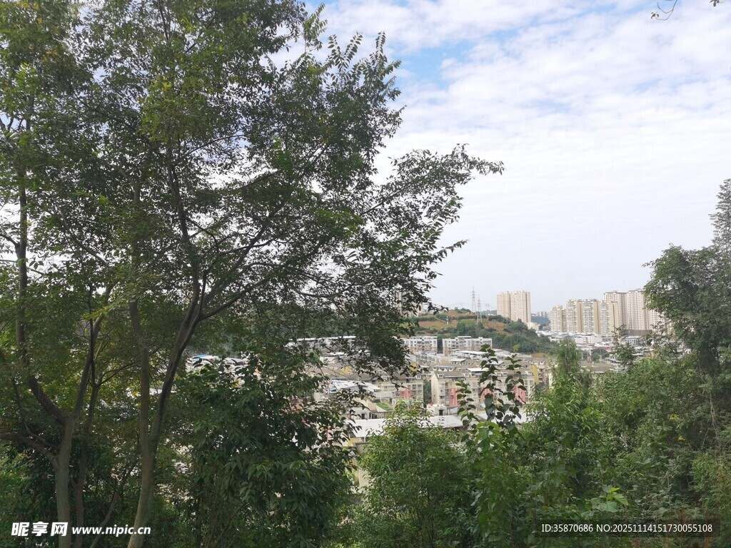 山林间远眺城市景象