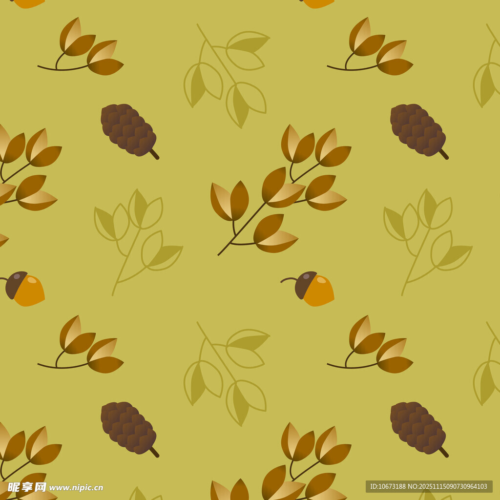 秋季树叶橡果无缝图案背景