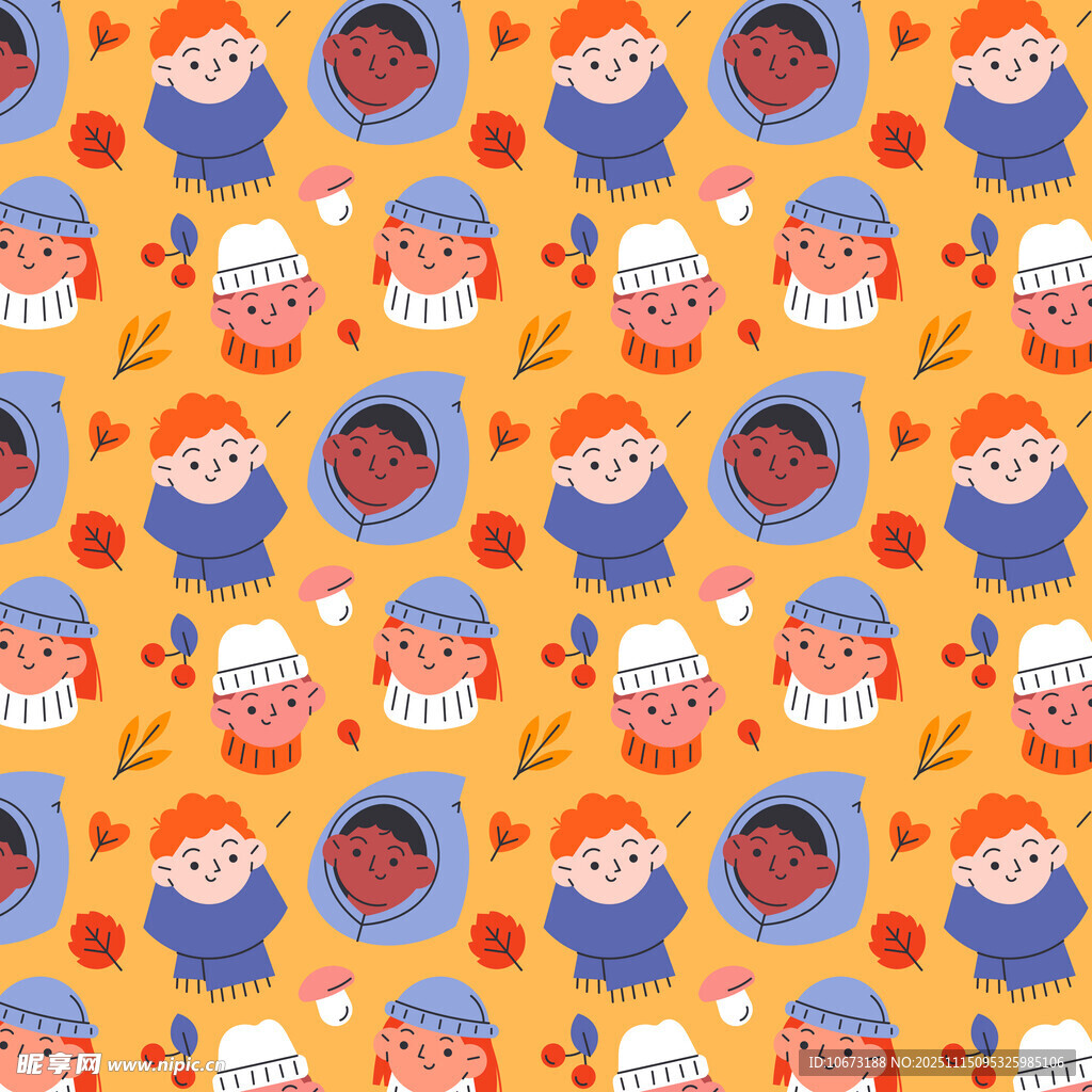 可爱卡通人物无缝图案背景