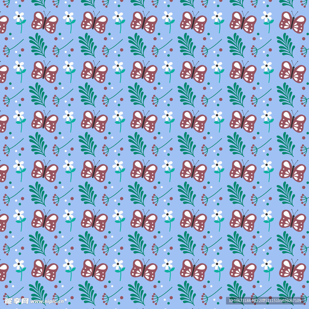 蓝色底花卉蝴蝶图案纹理