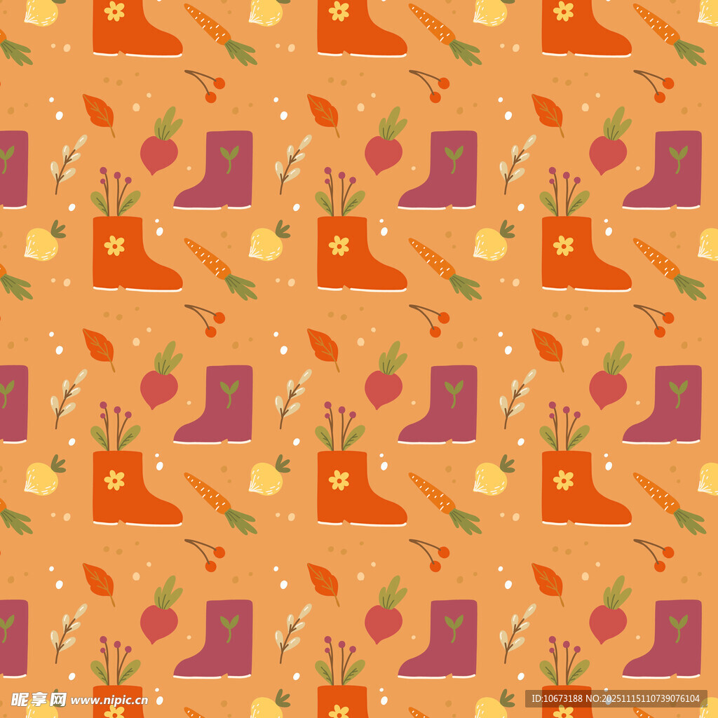 橙色背景的靴子蔬果图案