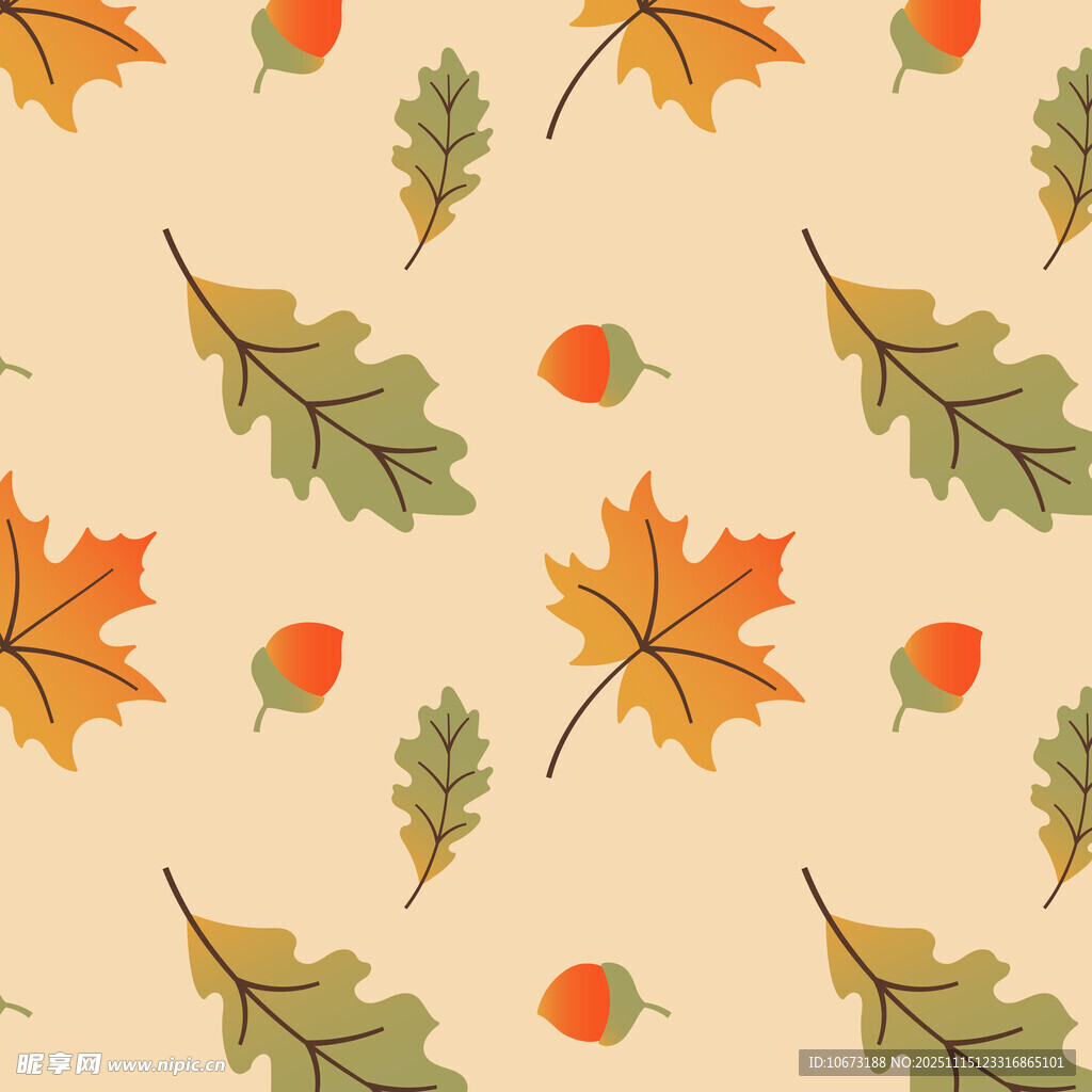 秋季落叶橡果无缝图案